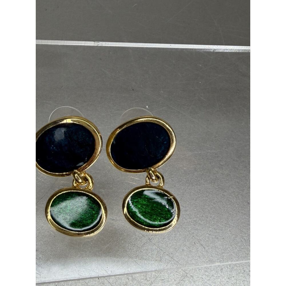 Earrings Dangle Drop Blue Green Gold Minimalist Glam